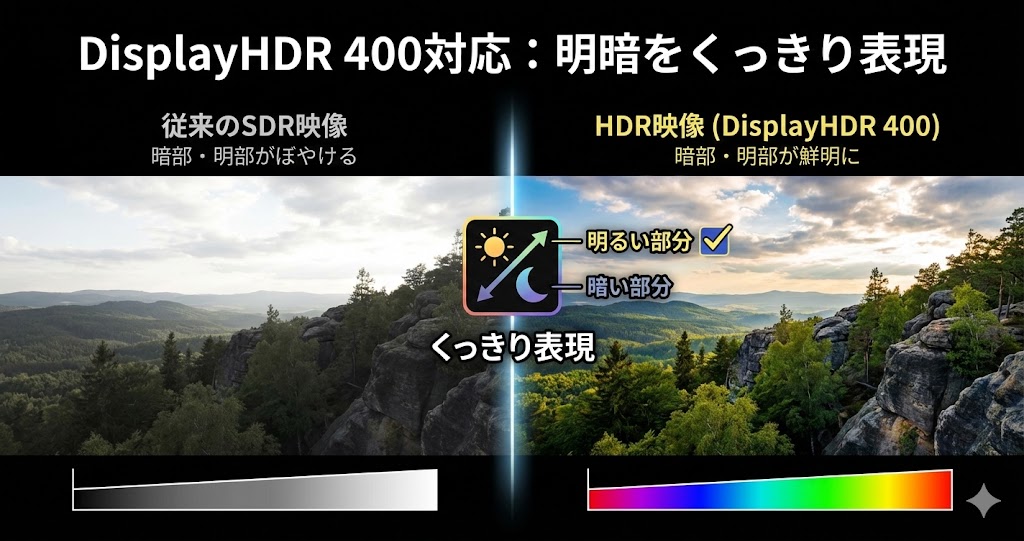DisplayHDR 400認証を取得し明暗をくっきり表現