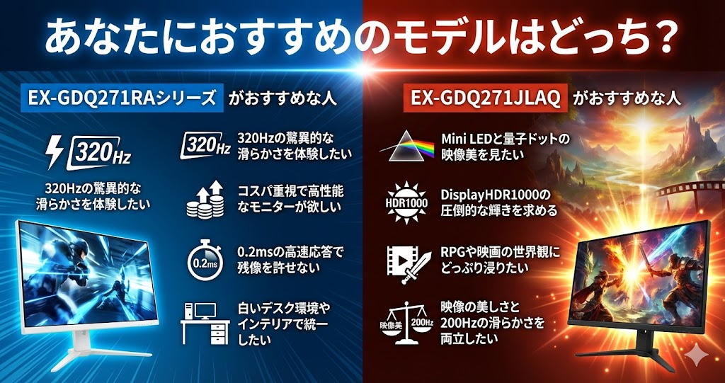 EX-GDQ271RAシリーズとEX-GDQ271JLAQがそれぞれおすすめな人