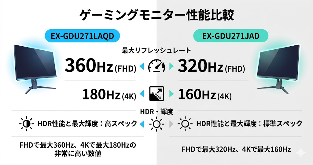 リフレッシュレート：EX-GDU271JLAQDのほうがはやい（360Hz）