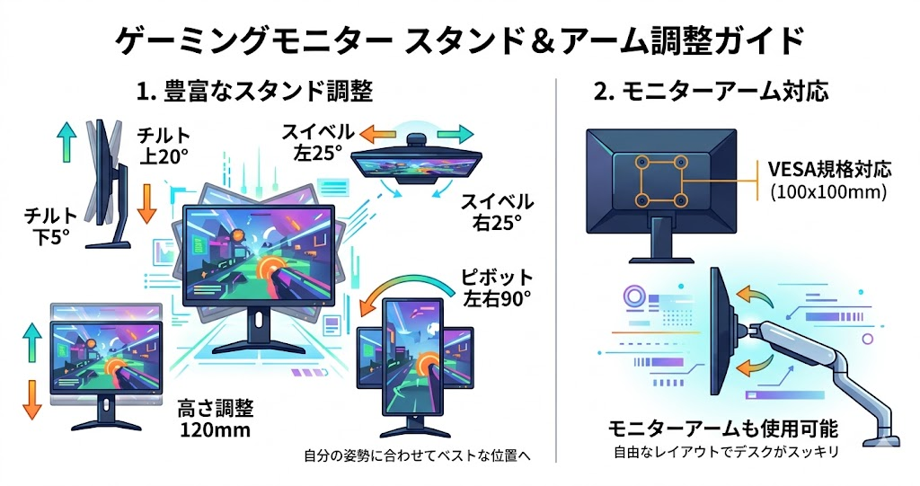 チルトやピボットなど豊富なスタンド調整機能｜VESA規格対応でモニターアームも使用可能