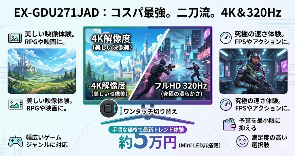 コスパ重視で4Kと320Hzの二刀流機能を体験したいならEX-GDU271JAD